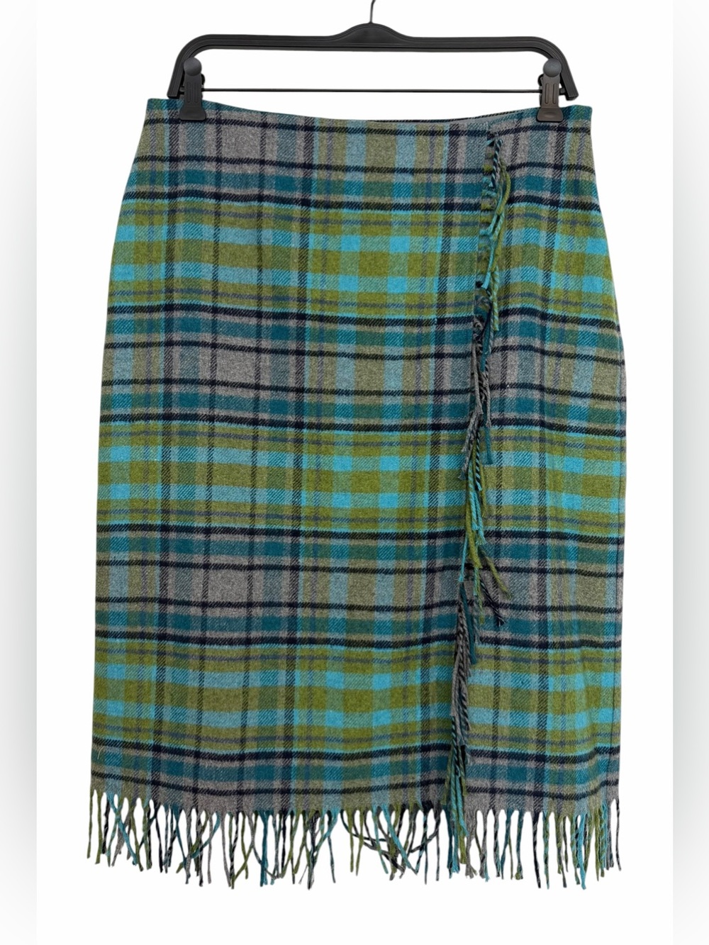 J.Jill Plaid Wool Blend Pencil Skirt Blue Green Tartan Fringe Size 10